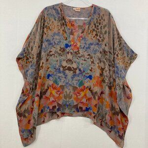 Tianello Large Floral Abstract Split Neck Pure Silk Artsy Poncho Kaftan